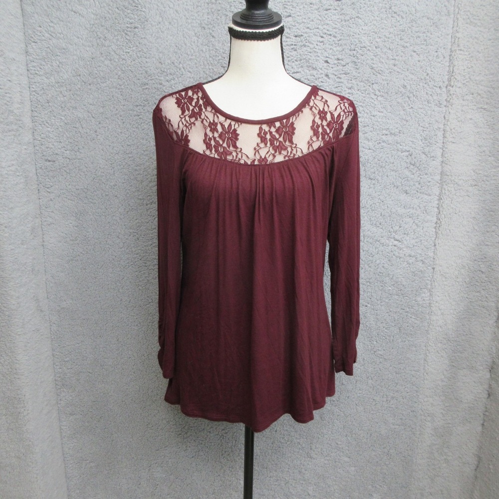 Maurices Lace Yoke Tunic Top Women M Burgundy Red Long Sleeve Dark Romannce Boho
